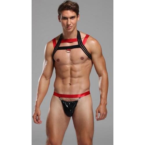 Male Faux Leather Strap suits included Strap Top and Panties cosplay uniform Black & Red sexy Sets Halloween Costume For man