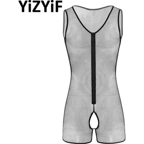Mens Erotic See Through Sheer Fishnet Sexy Lingerie Bodysuit Men Sleeveless Crotchless Tank Leotard Bodysuit Jumpsuit Underwear