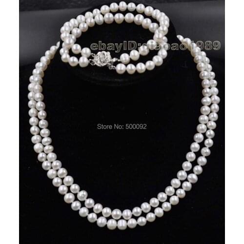 Free shipping 2strands 7mm white cultured freshwater pearl sets necklace / bracelet