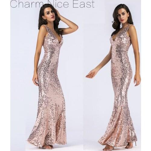Sexy Gold Elastic Sequin V neck Exposed Back Deep V Maxi Dress Women Sequined V-neck sexy dress Fashion Sleeveless Party dress