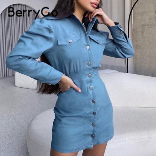 BerryGo Casual long sleeve high waist mini dress women Fashion turn down collar unisex shirt dress High street solid color dress
