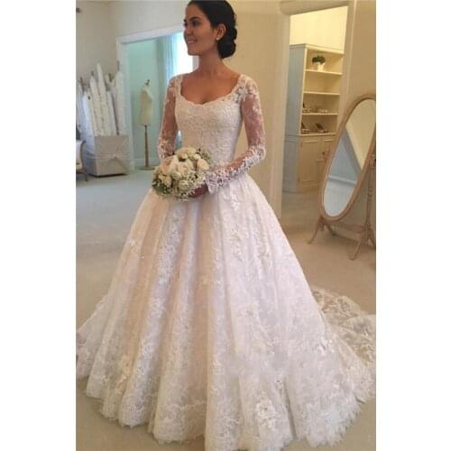 Latest Hot Sale Scoop Neck A-line Long Sleeve Lace Wedding Dresses Button Back Appliques Beaded Bridal Wedding Gowns