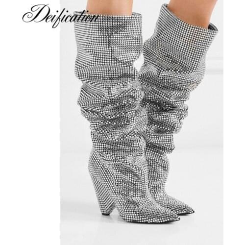 Deification Sequined Cloth Knee High Boots Drilled Glitter Luxury Shoes Women Designers Sexy Strange Heel Celebrity Party Shoes
