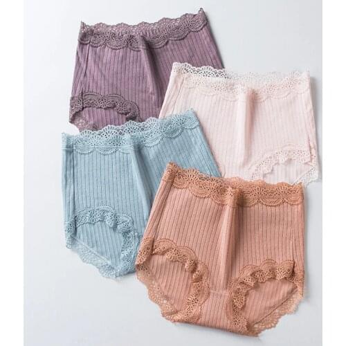 New Womens Cotton Underwear High Waist Sexy Lace Panties Seamless Solid Color Briefs Plus Size Womens Shorts Female Lingerie