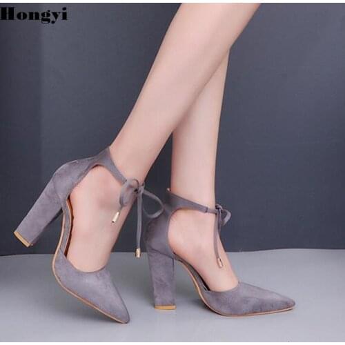 High Quality Sexy Women Pumps Pointed Toe Sandals Lace Up Ankle Wrap Chunky High Heels Wedding Shoes Pumps Party Shoes