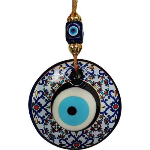 Big Size-14 cm Diameter- Golden Gilted and Colored Patterned Glass Blue Evil Eye Wall Hanging Ornament – Turkish Nazar Bead - Ho