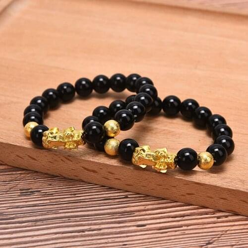 Unisex Feng Shui Obsidian Stone Beads Bracelet Wristband Gold Black Pixiu Wealth And Good Luck Bracelet