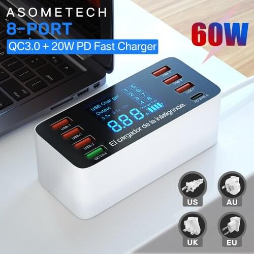 60W 8 Ports USB Charger LED Display Quick Charge PD Phone Charger Adapter PD3.0 QC3.0 Fast Charger For Xiaomi iPhone Huawei