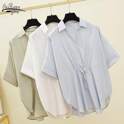 2020 Summer New 5XL Plus Size Korean Style Loose Blouse Women Elegant V-neck Solid Large Girls Slim Shirts White Tops 9884