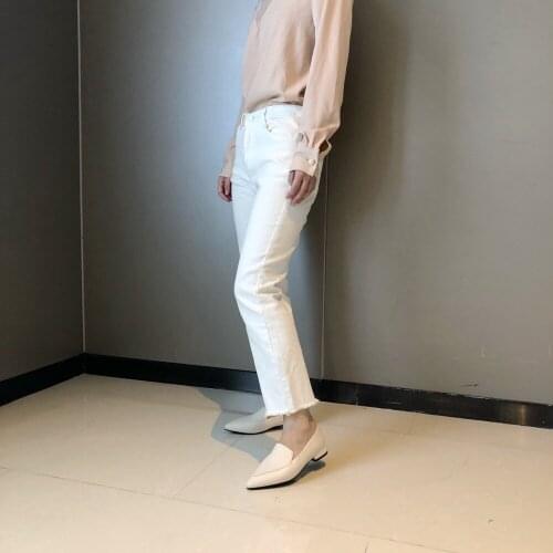 Spring New Style British Retro Pointed Toe Low Thick Heels Genuine Cow Leather Clemence Womens Loafers Single Shoes