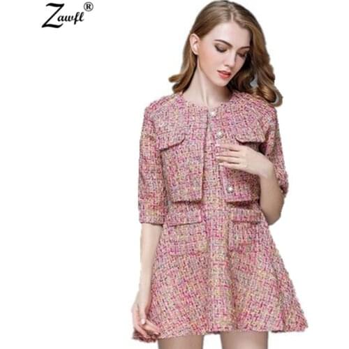 ZAWFL 2021 Runway Vestidos Winter Women 2 Piece Set Dress Tweed Half Sleeve Single breasted Jacket Coat + Tank V Neck Mini Skirt