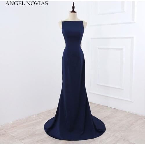 Long Elegant Navy Blue Sheer Back Evening Dress 2020 Crystals Beading Abendkleider ANGEL NOVIAS Robe Rouge Longue