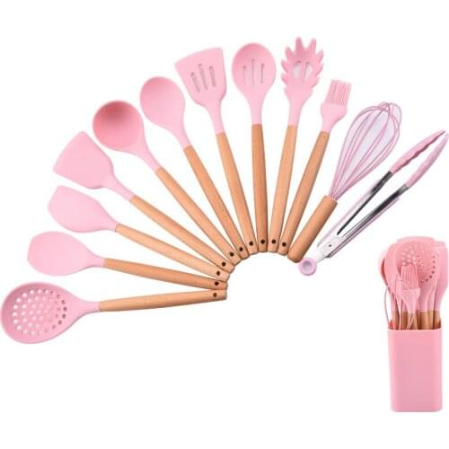 12PCS Silicone Cooking Utensils Set Non-stick Spatula Shovel Wooden Handle Cooking Tools Set With Storage Box Kitchen Tools