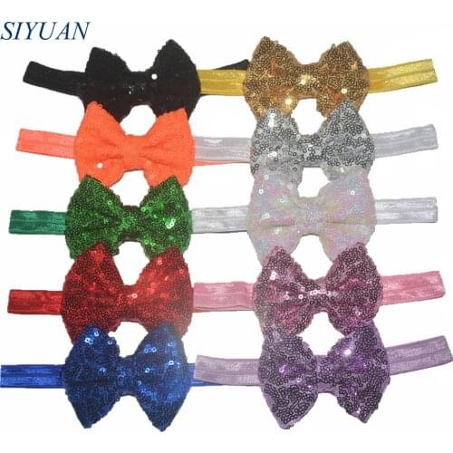 80pcs/lot Eco-friendly Elastic Ribbon Headband with 3.4'' Embroidery Messy Glitter Sequin Bow Chic Photography Props HB017