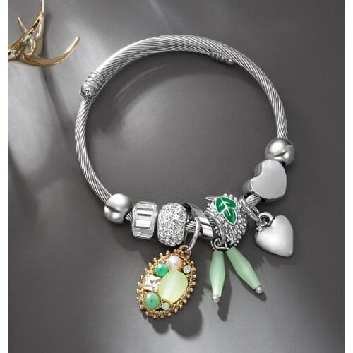 Fashion Women Bracelet Jewelry 2021 Silver Color Stainless Steel Leaf Love Heart Crystal Bead Cuff Bracelets Bangles Accessories