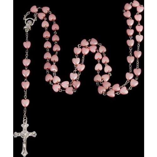 Catholic Love Rosary Prayer Necklace Mary Blessing Cross Pendant Necklaces Heart Shaped Beads Long Chain Fashion Jewelry