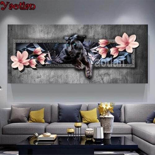 Large 5D Diy diamond painting Leopard and orchid flowers Full Drill Square Diamond Mosaic Embroidery Cross Stitch Interior Decor