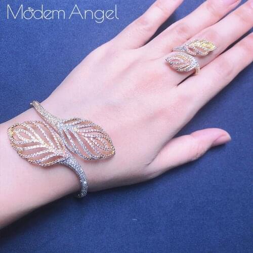 ModemAngel leaves Rhinestones Wedding Jewelry Sets Three Color Layer Copper Braid Shape Ring Bangle Set Full Zircons Party