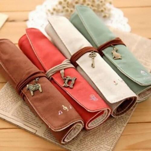 Creative Canvas Stationery Bag Pen Pencil Holder Roll Up Brush Makeup Case Pouch