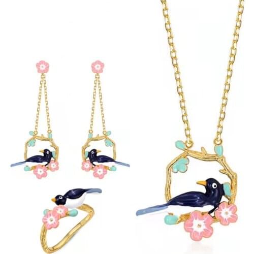 New Creative Enamel (Flower And Bird) Earrings, Rings(Open) , Necklaces Three Jewelry Set