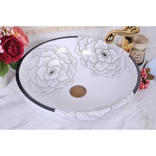Peony Painting China Artistic Handmade Ceramic Bathroom Sinks Lavobo Round Counter top small bathroom basin