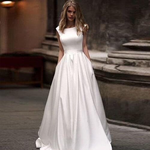 Satin Jewel A-Line Wedding Dress White Custom Made Backless Sleeveless Bridal Gowns Floor Length Robe De Mariee