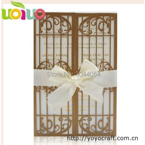 Custom gatefold bird wedding invitation card 50pcs ribbon bow available print any font letters invitation cards laser cut