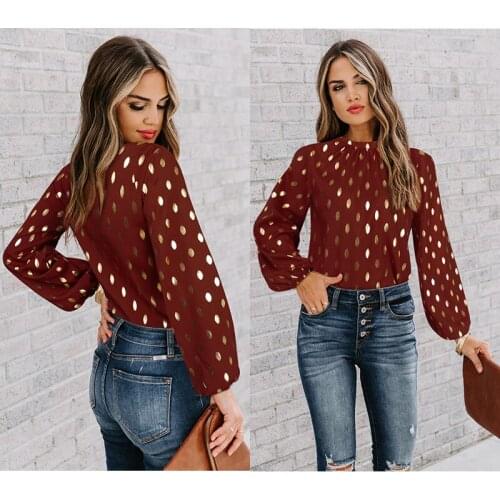 Red Polka Dot Women Shirts Formal Work Ladies Blouses Cotton Long Sleeve Vintage Shirt Plus Size Fashion Clothes Women Tops