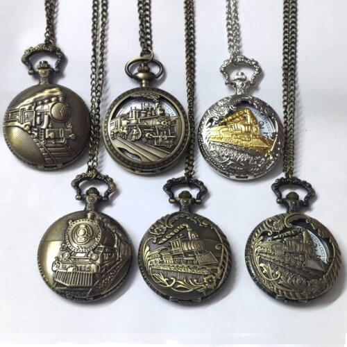 Vintage Train Quartz Pocket Watch Necklace Men Women Pendant Gift for Christmas With Chain