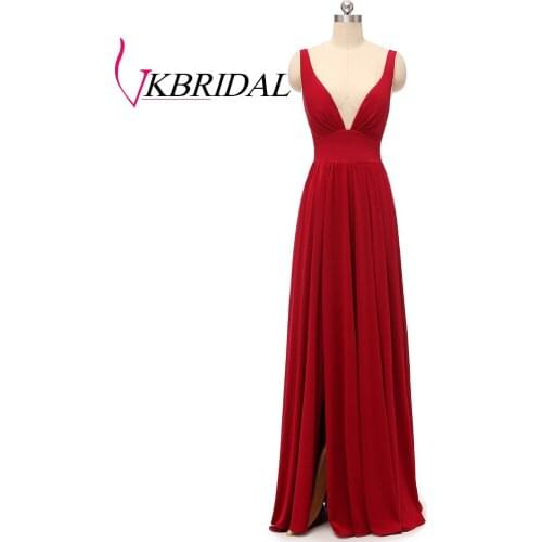 VKBRIDAL Sexy Split Prom Dresses Long 2019 Floor Length Deep V-Neck Red Formal Dress