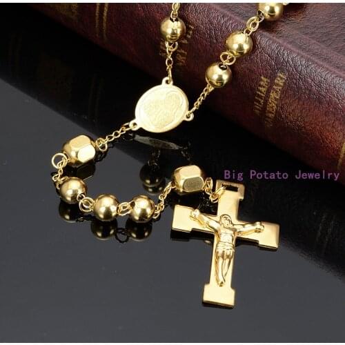 High Quality 8mm Yellow Gold Necklace With Big Jesus Cross Pendant 316L Stainless Steel Charming Unisex Gift Jewelry 58cm 63.9g