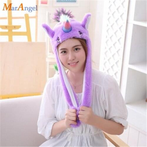 Funny Plush Moving Unicorn Ears Hat Hand Pinching Ear To Move Vertical Ears Cap Kids Gilrs Women Party Stage Performance Gifts