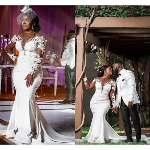 Pearls African Mermaid Wedding Dress 2022 Long Illusion Sleeves Floral Flowers Satin Black Girls Plus Women hollow Back Lace