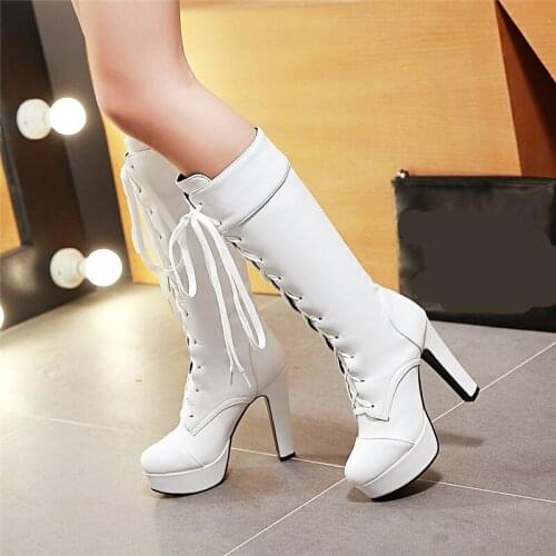 YMECHIC 2018 Winter Women Thigh High Boots Mid Calf Knight Ladies Platform High Heels Shoes Lace Up White Goth Motorcycle Boots