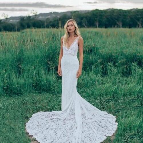 2021 Garden Holy White Mermaid Open Back Bridal Wedding Dresses Sleeveless Lace Wedding Gowns for Bride Plunge V Neckline