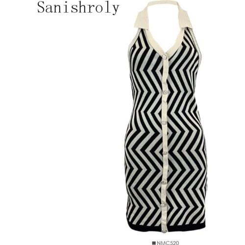 Sexy Halter Stripe Knitted Dress Autumn Women Sleeveless Single-breasted Sweater Dress Female Backless Tank Mini Bodycon Dresses