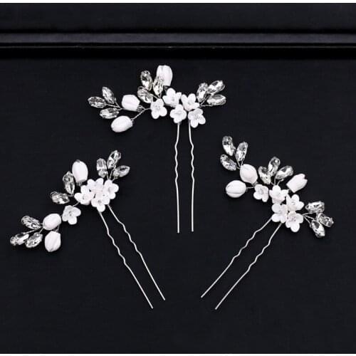 Wedding dress accessories Bridal jewelry Drop oil flower handmade hairpin Pearl rhinestone U-shaped bun Alloy leaf bride hairpin