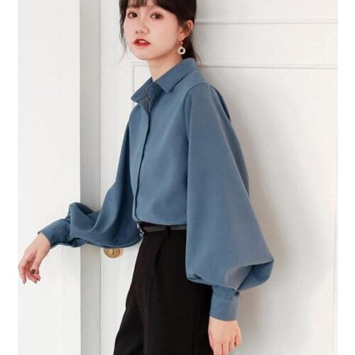 Big Lantern Sleeve Blouse Women Autumn Turn-down Collar Shirts Office Work Blouse Solid Vintage Blouse Shirts DD9129