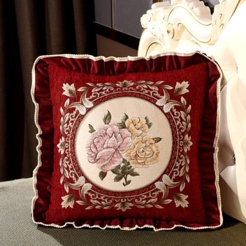 Set of 2 Royal Red Pillow Cover with Lace Home Decorative Jacquard Cushion Cover 18x18 for Living Room Sofa Couch Seat