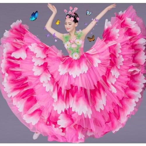 Women Petal Dance Big Swing Dress Waltz Cha-cha Spanish Paso Doble Pleated Skirt Ballroom Cosplay Costume 803-475