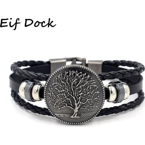 Eif Dock Black Braided Wrap Leather Bracelets for Men Vintage Life Tree Rudder Charm Wood Beads Ethnic Tribal Wristbands