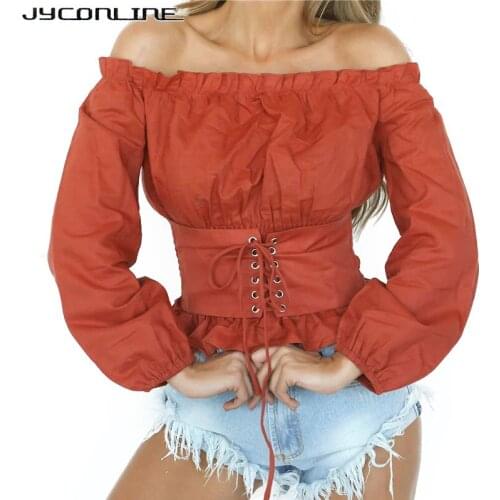 JYConline Elegant Off Shoulder Tops Tunic Waist Bandage Women Blouse Lantern Sleeve Shirts Slash Neck Kimono Tops Blusas Female