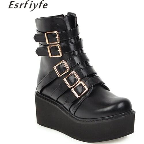 ESRFIYFE 2020 New Women Motorcycle Ankle Boots Wedges Female Zipper Buckle Platform Autumn Soft Leather Oxford Shoes Botas Mujer
