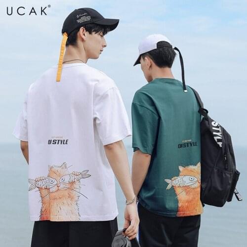 UCAK Brand Men T Shirt Summer Loose Couple T Shirt Casual Short Sleeve Print Cat Tshirt Summer Casual T-Shirt Tops Tee U5671