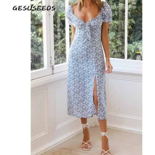 Summer short sleeve dress women sexy dresses fashion floral print dress bohemian v neck midi dresses blue bow tie dress split