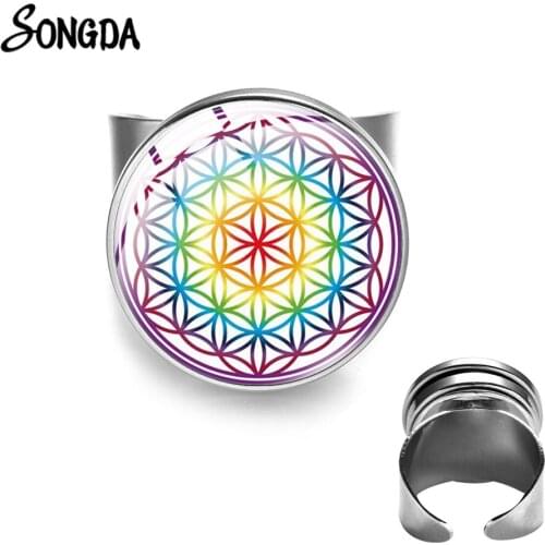 Meditation Chakra Flower of Life Symbol Ring Reiki Amulet Life Flower Art Pattern Glass Cabochon Snap Button Rings for Women Men