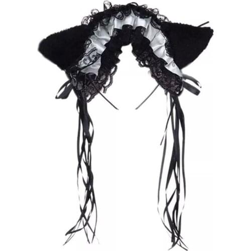 New Creative Gothic Lolita Maid Women Girls Ruffles Lace Headband Plush Cat Ears Ribbon Bell Lolita Cosplay Hair Hoop
