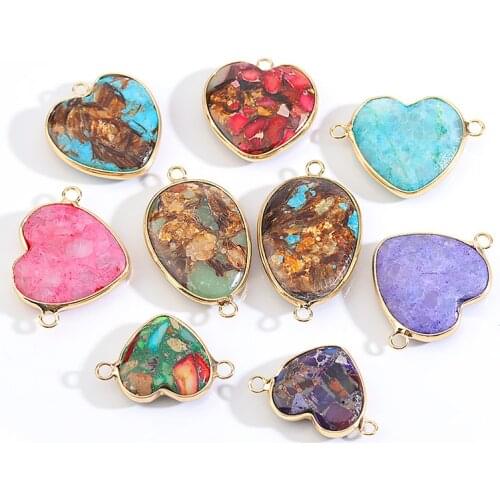 Heart Nature Imperial Stone Pendant connectors natural gem stone pendants Double Holes for Jewelry Making DIY Bracelet Necklace