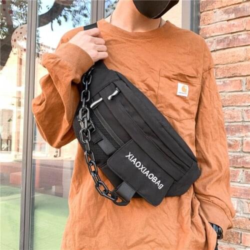 Casual Large Capacity Canvas Bag Men Crossbody Pouch Trend Chain Decoration Short Travel Bag Unisex Chest Bags Waist Pack