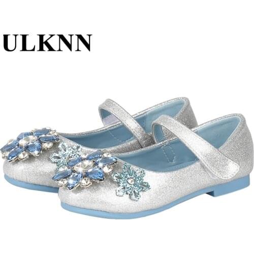 ULKNN Baby Princess Crystal Shoes For Girls Flower Causal Glitter Blue Dance Wedding Dress Shoes Kids New Fashion Leather Shoes